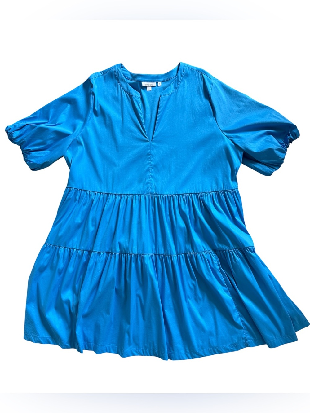 NWOT Chico’s Blue Tiered Tunic Top Size 4 XL US 20 Puff Sleeve Poplin Blouse